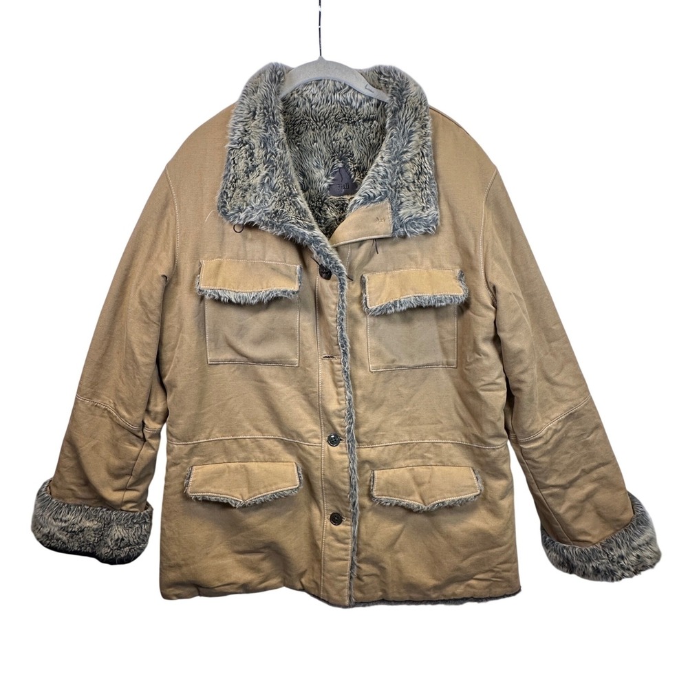 Fjall Tan Canvas Utility Barn Jacket Faux Fur Trim Workwear Coat Large Vintage